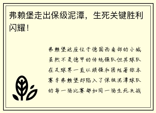 弗赖堡走出保级泥潭，生死关键胜利闪耀！