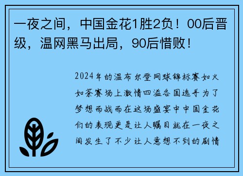 一夜之间，中国金花1胜2负！00后晋级，温网黑马出局，90后惜败！