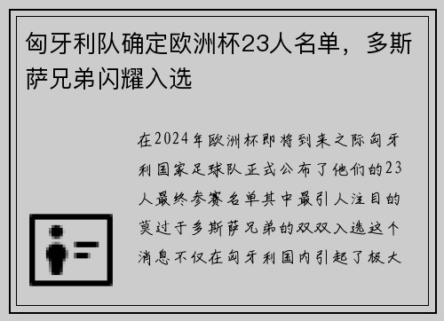 匈牙利队确定欧洲杯23人名单，多斯萨兄弟闪耀入选